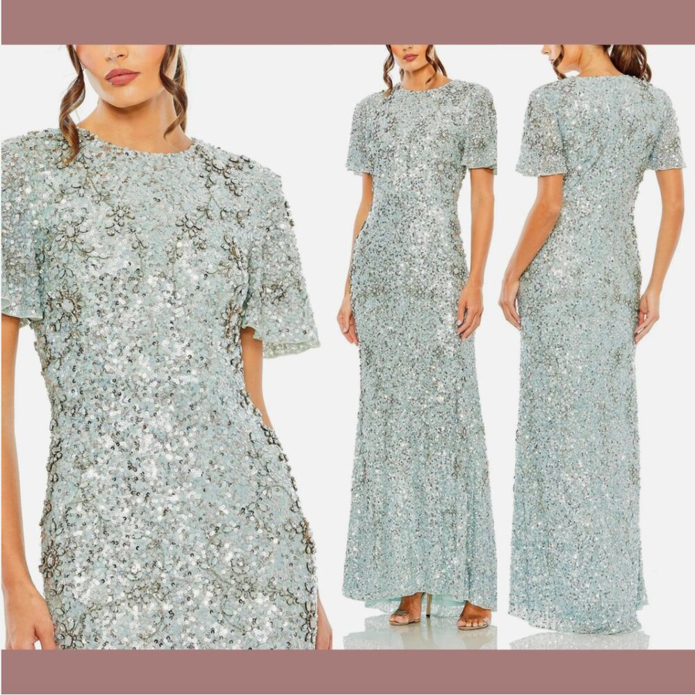 NWT $998 Mac Duggal [ 14 ] Flutter Sleeve Sequin High Neck Gown French Blue Q672